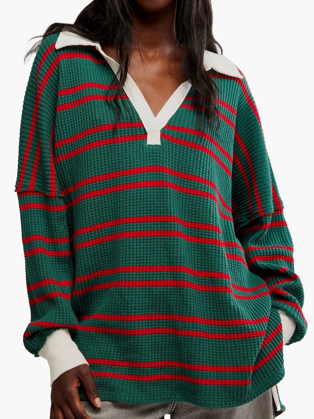 Free People We The Free Stripe Long Sleeve Cotton Waffle Knit Tunic Top Small